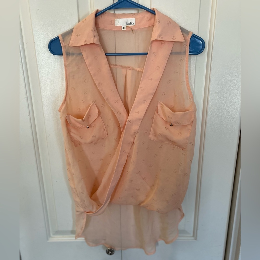 Katia Sheer Peach Faux Wrap Anchor Print Tank Top Size Small
